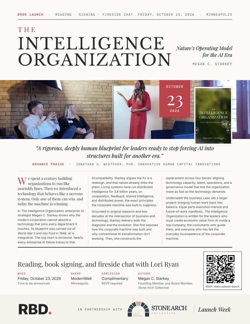 Book launch flyer for The Intelligence Organization: October 23, 2026, ModernWell, Minneapolis