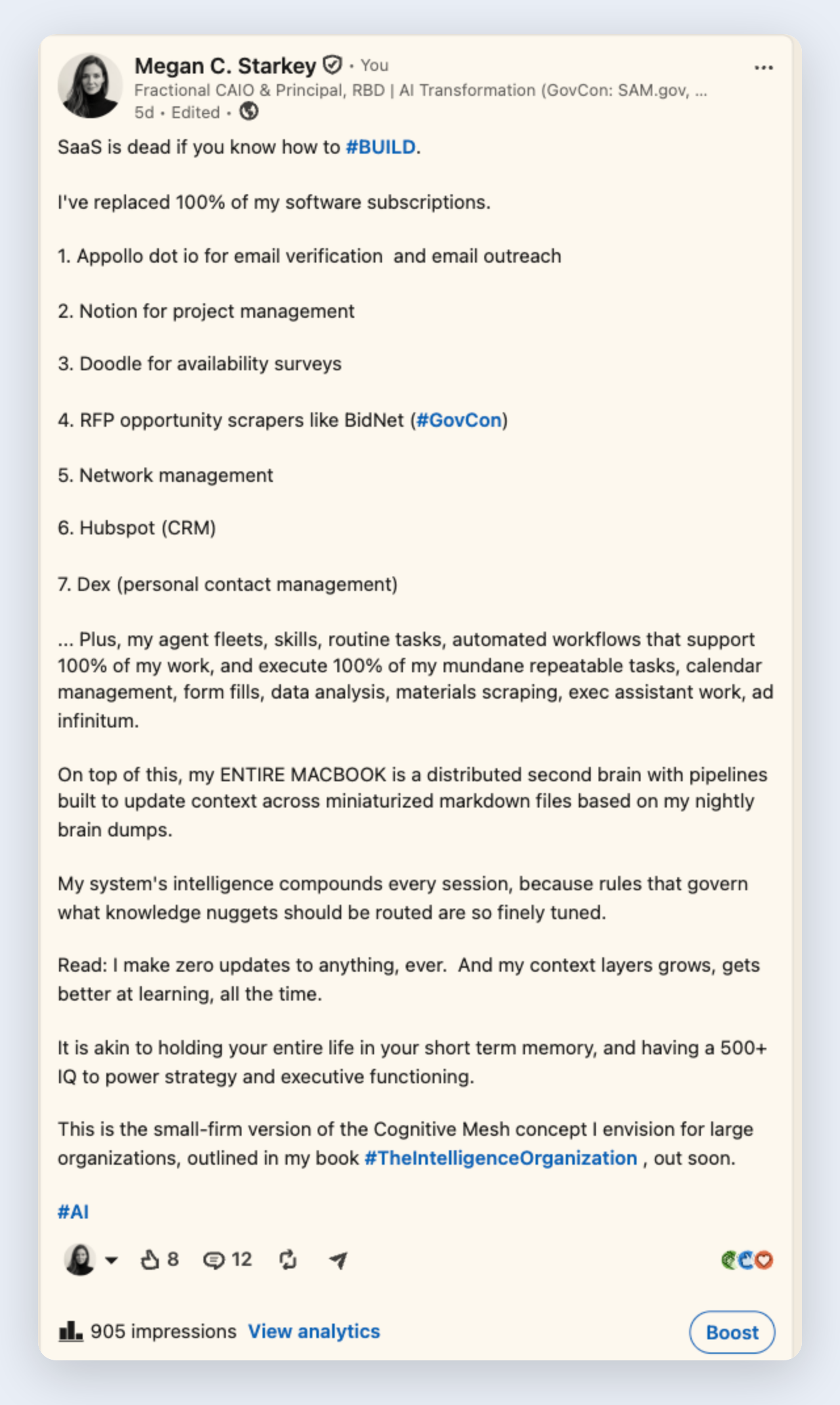 Megan Starkey's LinkedIn post on replacing her software subscriptions
