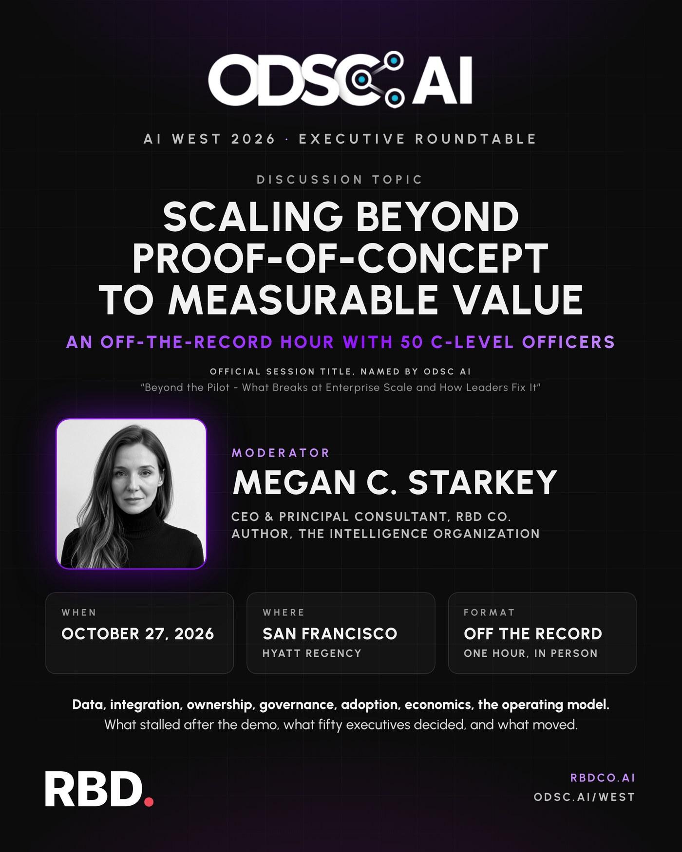 ODSC AI West 2026 executive roundtable card: moderator Megan C. Starkey, October 27, 2026, San Francisco
