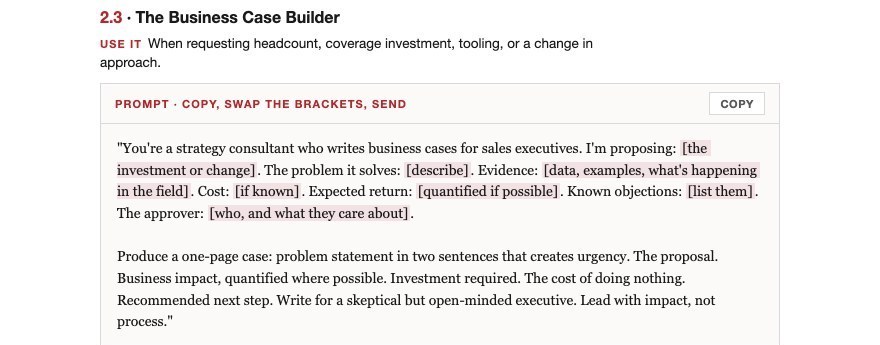 Prompt 2.3, the Business Case Builder: a complete prompt card with its copy button and bracketed swap fields