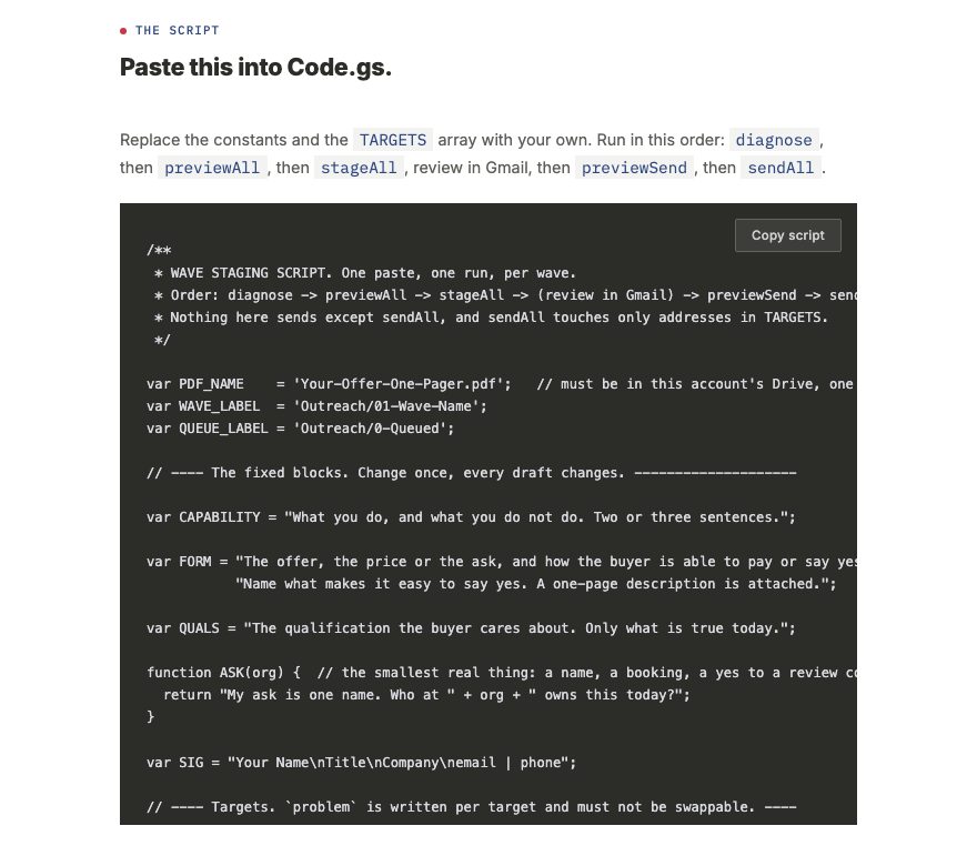 The complete wave staging script on the access page, with its copy button and the constants you edit at the top